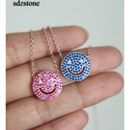 925 sterling silver micro pave blue red cubic zirconia simple round pendant teen girl fine jewelry gift adorable silver necklace