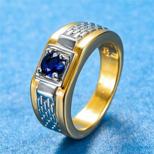 Luxury Female Crystal Blue Stone Ring Charm 18KT Yellow Gold Wedding Rings For Women Promise Bridal Love Engagement Ring