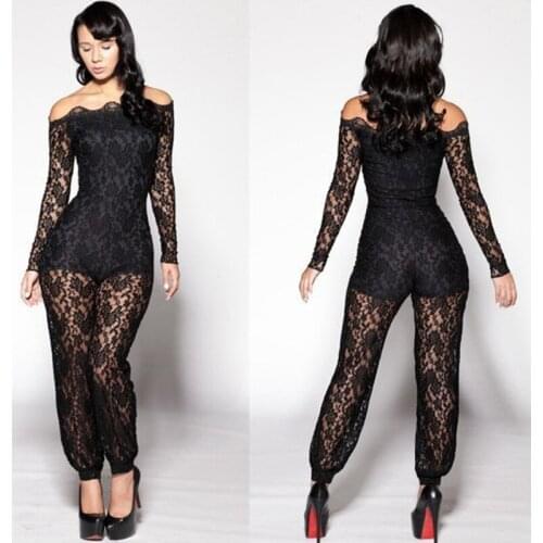 Sexy Black Off Shoulder See Through Lace Pants Romper Jumpsuit Long Pants Elegant Sexy Bodycon Female Jumpsuits Overalls