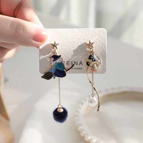 Japanese Cute Childlike Cartoon Magic Witch Clip Earrings Pom Pom Ball Asymmetric Mushroom Long Clip Earrings Without Piercing