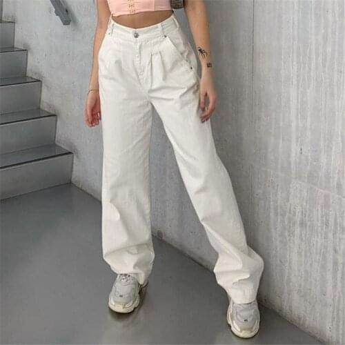 2021 Women Wide Leg Jeans Loose Button Up White Casual Sports Button Up Running Pocket Fitness Jogger Fashion Hot Trousers
