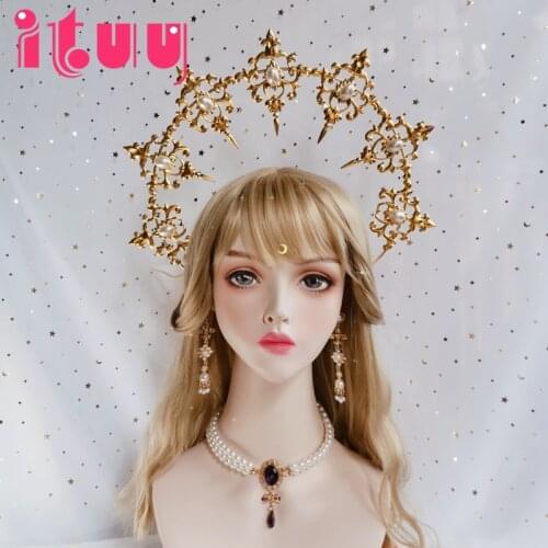 Sun Godmothers Crown KC Gothic Notre Dame Virgin Mary Bead Chain Baroque Tiara Headwear Lolita Hair Accessories