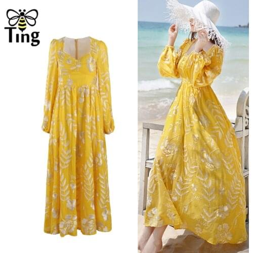 Tingfly Vintage Elegant Leaf Embroidery High Waist Casual Dress Women Retro Sweetheart Neckline Yellow Boho Dress Vestiti D