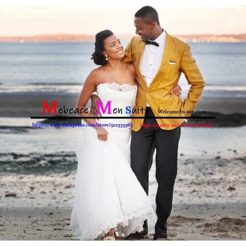 Gold Fashion Shawl Lapel African Men Suits Costume Homme Wedding Slim Fit Groom Tuxedo Prom Blazer 2 Pieces ( Jacket +Pant)