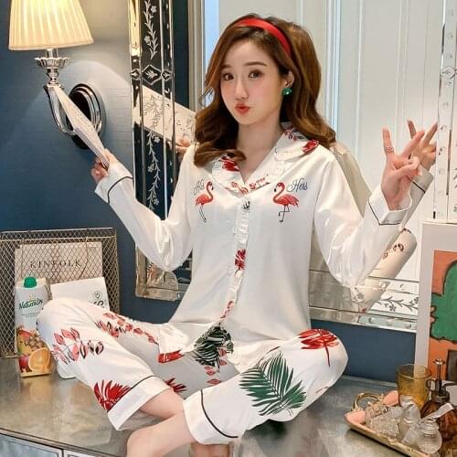2020 Autumn Long Sleeve Silk Satin Cute Cartoon Flamingo Pajama Sets for Women Sleepwear Suit Homewear Pijama Mujer Home Clothes