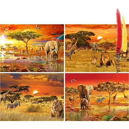 5D DIY Handmade Sewing Supplies Full Square Sunset Lion and Elephant Round Embroidery Embroidery Home Decoration