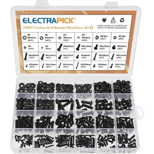 730pcs Round Head Carbon Steel Socket Head Cap Screws Metal Socket with Nut Washer Metic Nut and Bolt Assortment