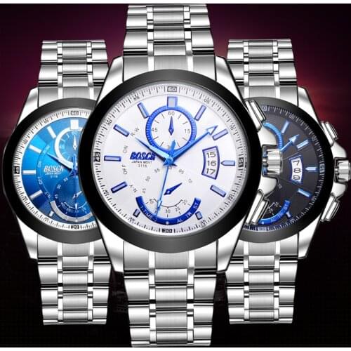 Bosck Mens Stainless Steel Watches Luxury Business Large Dial Non-mechanical Watches Waterproof Night Light Quartz Wrist Watch