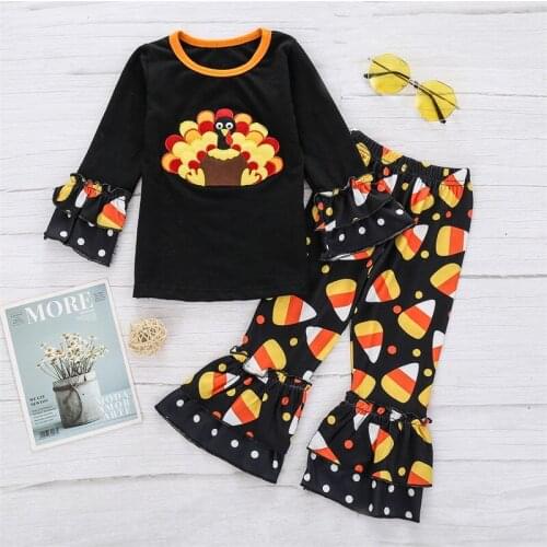 Baby Girls Kids Sets Autumn Cartoon Turkey Pattern and Printed Pants 2pcs Children Clothing Set Thanksgiving Day Clothes