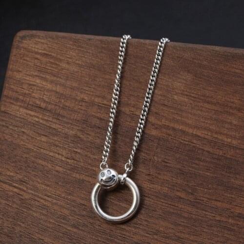 Emith Fla 100% 925 Sterling Silver Designer Necklace Vintage Silver Circle Smiling Pendant Necklace Fashion Jewelry Men women