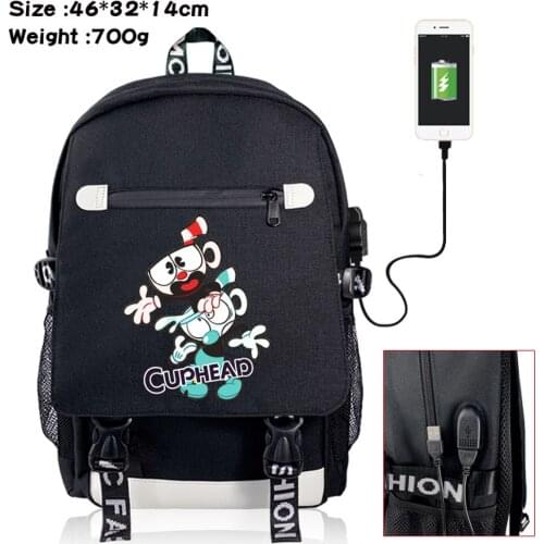 Anime Cuphead Mugman USB Charging Backpack Canvas School Bag Student Racksack Boys Girls Casual Packsack Zipper Laptop Bag Gift