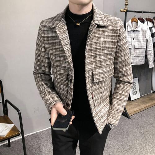 Korean Plaid Jacket Men Thicker Winter Wool Trench Coat Jacket Casual Slim Short Steetwear Woolen Windbreaker Ropa De Hombre