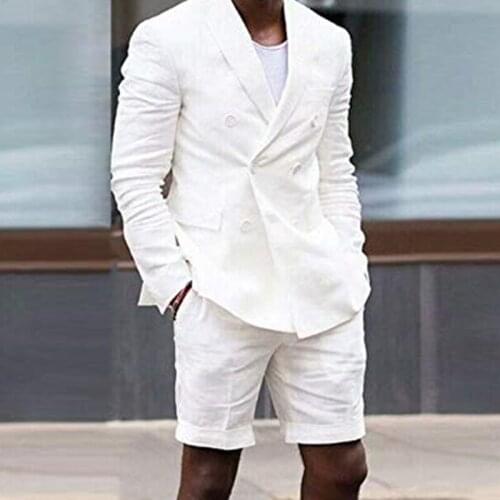 Summer Tailor Made Fashion White Double Breasted Linen Men Suits Slim Fit Groom Tuxedo For Wedding Party Costume (Jacket+Shorts)