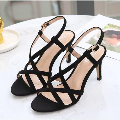 Summer flock womens sandals 2021 new fashion sexy open toe thin heel shoes office reme high heels comfortalbe Ankle strap 34-41