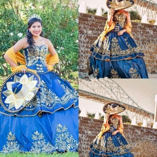 Mexican quinceanera Luxury Detail Gold Embroidery Quinceanera Dresses 2019 Masquerade Ball Gown Royal Blue Sweety 16 Girls Prom