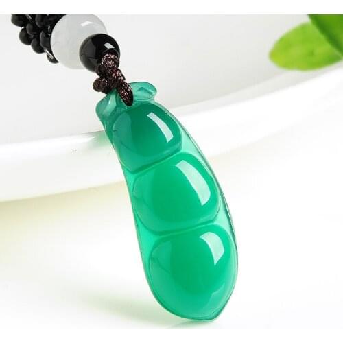 Natural Agate Green Beans Pendant Beads Necklace Charm Jewellery Fashion Accessories Hand-Carved Man Woman Luck Amulet Gifts