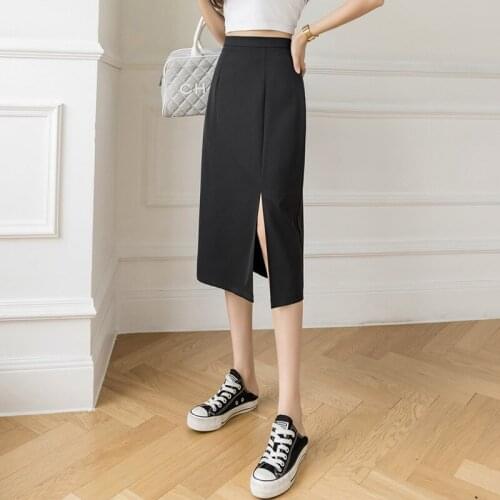 2021 Summer New Midi Skirts High Waist Long Straight Skirt Split A-line Mid-length Black Skirt Female Young Women Solid BSQ288