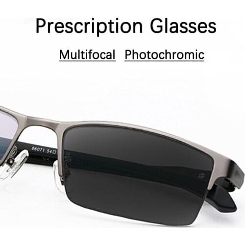 Customizable Progressive Multi-focal Reading Glasses Men Photochromic Anti Blue Light Prescription Glasses Half Rim 1.56 index