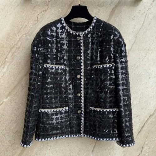 Womens Black Tweed plaid coat 2020 Spring autumn women brand new high quality Square collar tweed coat B921