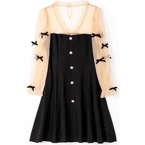 PERHAPS U Black V Neck Long Sleeve Patchwork Autumn Mini Dress A line Elegant Mesh Long Sleeve Bow D2090