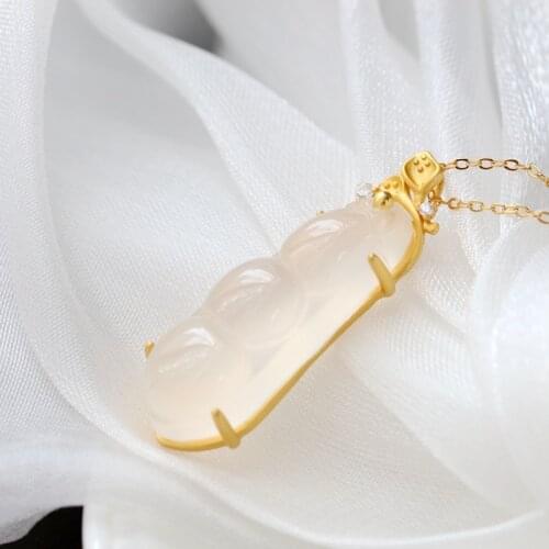 Authentic 925 Sterling Silver Inlaid Natural White Chalcedony Pod National Style Antique Gilding Pendant Trendy Jewelry Gift