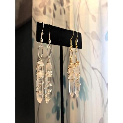 Clear Quartz Earrings , Wire Wrapped Clear Quartz Dangle Earrings