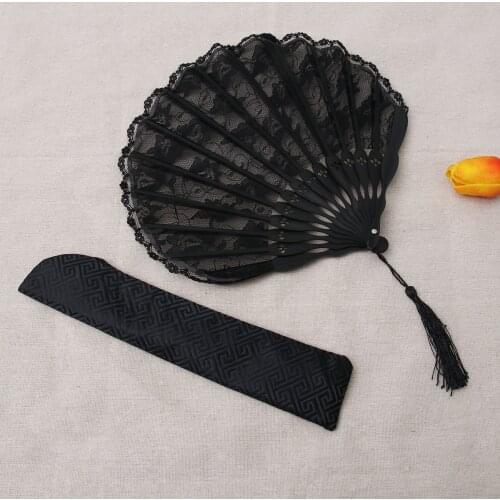 Folding Fans Lace Japanese Style Shell Shape Fan Handheld Fans with Tassel for Decoration Gifts (Black Surface Sh