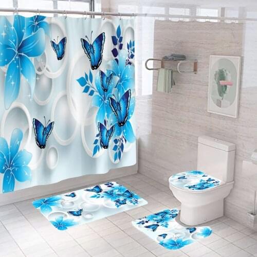 Blue Butterfly Flower Shower Curtain With Non Slip Rug Mat Bathroom Curtains Waterproof Polyester Bathroom Curtain with Hooks