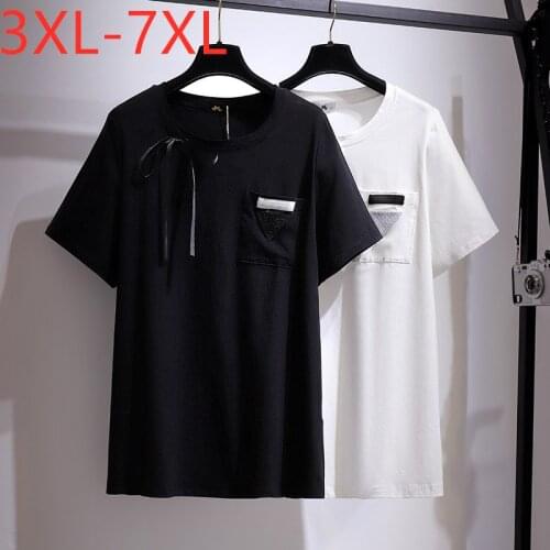 New Ladies Summer Plus Size Tops For Women Large Short Sleeve Loose Cotton Black White Bow Pocket T-shirt 3XL 4XL 5XL 6XL 7XL
