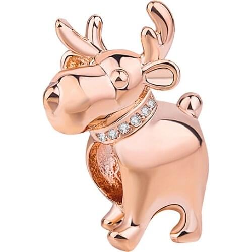 Genuine 925 Sterling Silver Bead Happy Reindeer Charm, Clear Cz Bead Fit Women Pan Bracelet & Necklace Diy Jewelry