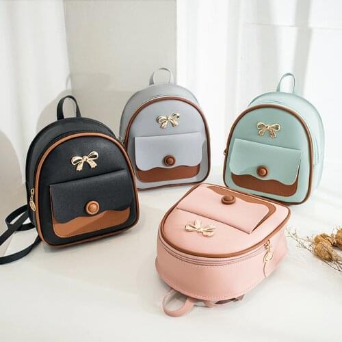 Womens Small Backpack PU Leather Contrast Color Retro Small Backpack Bow Decorative Phone Bag Summer Zipper Small Backpack