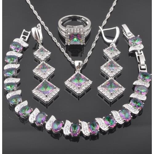 Square Multicolor Rainbow Zirconia Silver Color Birthday Gift For Women Wedding Jewelry Sets Anniversary Present QS0580