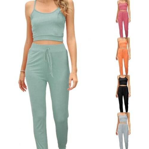 Women Outfit Solid Color Drawstring Trousers Two Pieces Set Activewear Sleeveless Cropped Camisole High Waist Pants Tracksuit fo