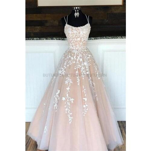 2021 Lilac Lace Prom Dresses Spaghetti Straps Vestido De Fiesta Open Back A Line Women Prom Gowns Long Formal Evening Gowns