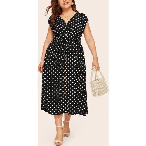 Polka Dot Dress Women Plus Size Dresses 5XL Summer V Neck Bandage Back Red Ladies Buttons Casual Outing Elegant Female Clothing