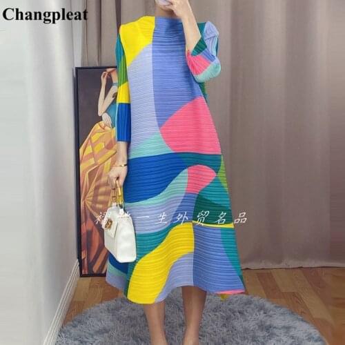 Changpleat 2021 Autumn New Miyak Pleated Dresses Fashion Color matching 3/4 sleeve lOOSE Large Size Female belt Dresses Tide