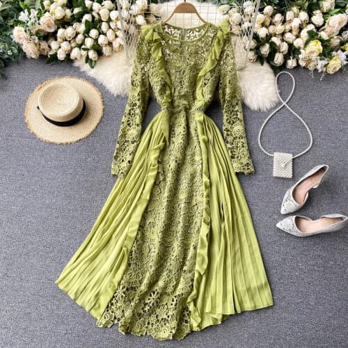Womens Spring Summer Runway Fashion Hollow Out Lace Patchwork Chiffon Dress Female Travel Chic Pleated Party Dress TB1841