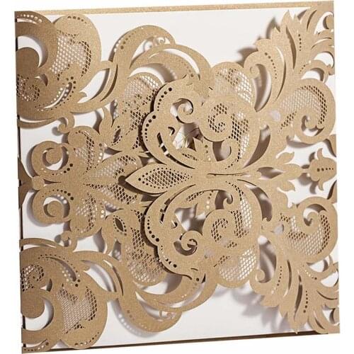 100Pcs Elegant Gold Blank Laser Cut Wedding Cards with Envelope, Customized Wedding Invitations Marriage Cards