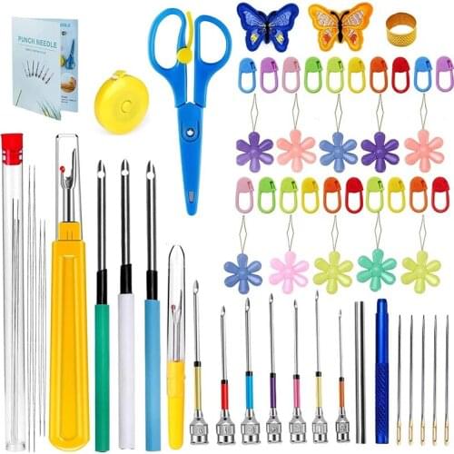 Nonvor 59 Pcs Punch Needle Set Embroidery Beginner Kit with Sewing Threader Thimble Knitting Stitch Markers Beading Needles
