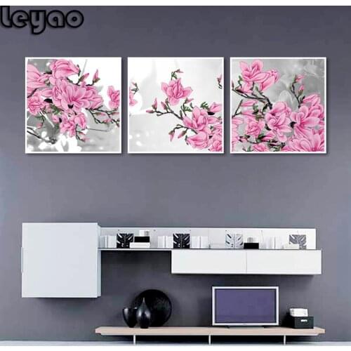 DIY Diamond Painting Full Triptych Magnolia Diamond Embroidery Beautiful Pink Flowers Illustration Handmade Hobby Wall Decor