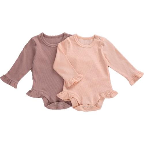 Newborn Baby Girls Bodysuit, Solid Color Round Neck Long Sleeve Jumpsuit Bodysuit for Girls, Pink/Purple 2020 New Autumn Winter