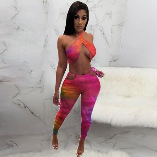Gradient Tie Dye Print Bandage Two Piece Pant Suit Women Criss Cross Halter Backless Bra Tops and Side Cut Out Pencil Legging