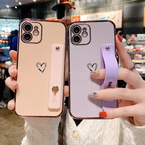 LOVECOM Plating Phone Case For iPhone 11 12 Pro Max 7 8 Plus X XR XS Max Love Heart Shockproof Wrist Strap Stand Soft Back Cover