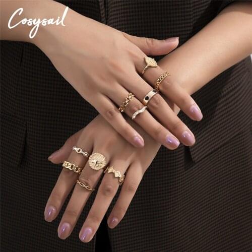 Cosysail 10Pcs/Set Luxury Portrait Crystal Rings Set For Women Girls Twisted Ring Couple Gold Color Engagement Wedding Jewelry