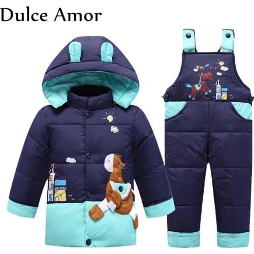 Dulce Amor Kids Duck Down Jacket Set 2018 Warm Winter Trojan Pattern Snowsuit+Romper For Baby Boys Girls -30 Degree Clothes Set