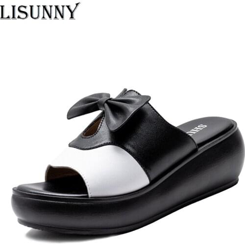 LISUNNY Sandals Women Genuine Leather Shoes Wedges Heels Slippers Woman Platform Summer Shoes Butterfly-knot Woman Flip Flops