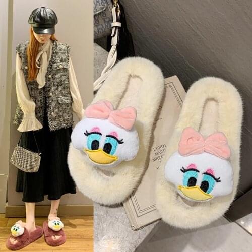 Fur Slippers Women Shoes Woman 2021 Autumn New Duck Fluffy Slippers Flat Warm Cotton Winter Slippers Fur Slides Plus Size