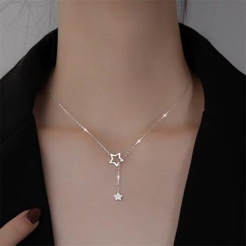 925 Sterling Silver Link Chain Tassel Star Charm Pendent Necklace Creative Elegant Party Jewelry For Women dz569