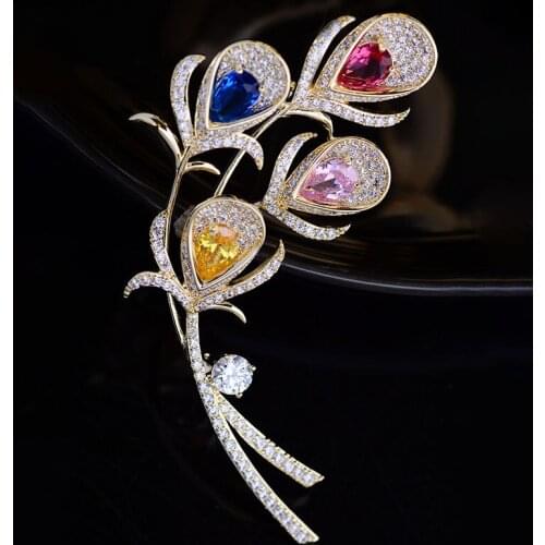 Fashion Vintage Colorful Cubic Zircon Feather Brooch Sweater Coat Accessories Beautiful Romantic Brooches Pins broches mujer
