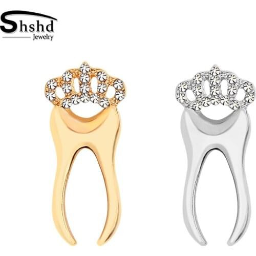 Fashion Gold Sliver Color Tooth Brooch with Crystal Crown Dentist Pocket Pins Badge for Men Women Lapel Pin Doctor Nurse Jewelry